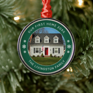 Festive Green Our First Home Photo Keepsake Metal Ornament