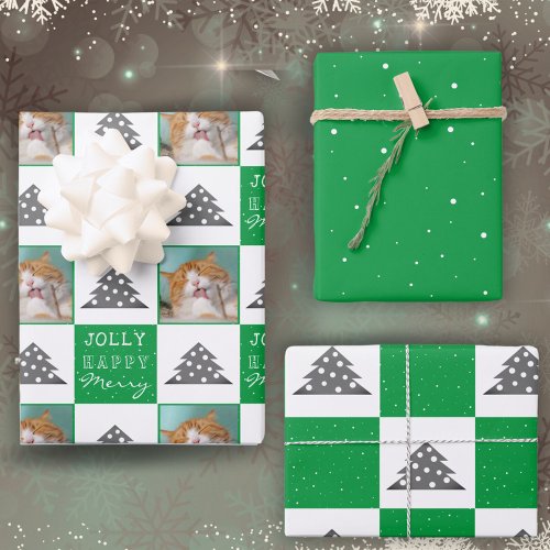 Festive Green Pet Photo Christmas Tree Wrapping Paper Sheets
