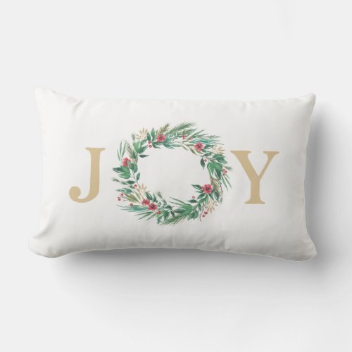 Festive Green Pine and Gold Holiday JOY Wreath Lumbar Pillow