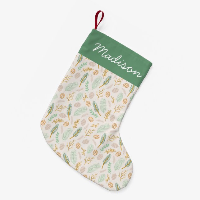 Festive Green Pine Boughs and Gold Foliage Pattern Small Christmas Stocking (Front (Hanging))
