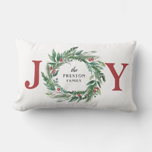Festive Green Pine Red Berries Holiday JOY Wreath Lumbar Pillow