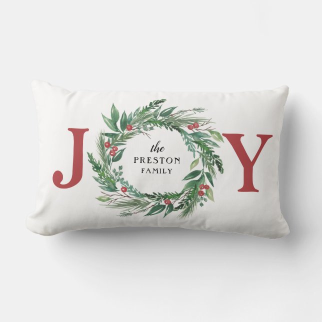 Festive Green Pine Red Berries Holiday JOY Wreath Lumbar Pillow (Front)