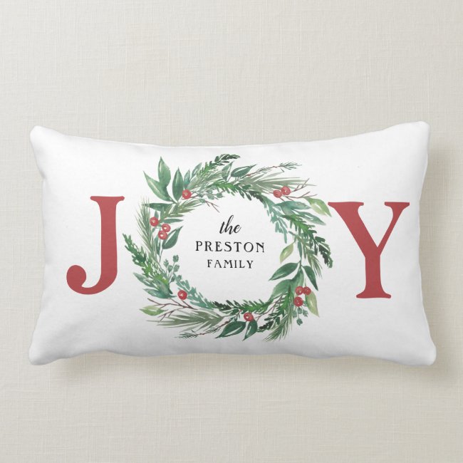 Festive Green Pine Red Berries Holiday JOY Wreath Lumbar Pillow