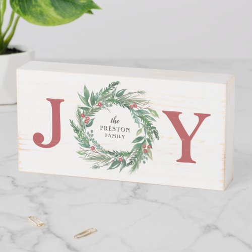 Festive Green Pine Red Berries Holiday JOY Wreath Wooden Box Sign