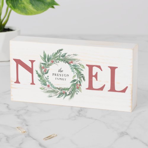Festive Green Pine Red Berries Holiday NOEL Wreath Wooden Box Sign