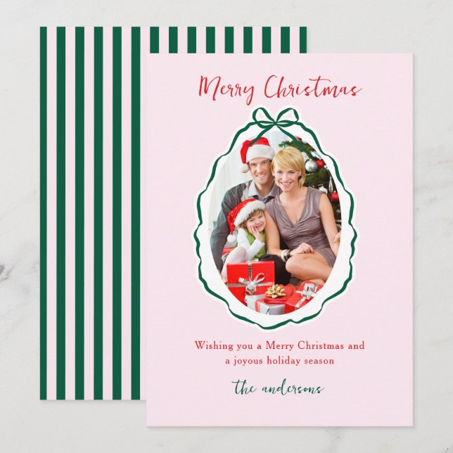 Festive Green pink Bow Frame Photo Christmas   Holiday Card (Front/Back)