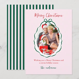 Festive Green pink Bow Frame Photo Christmas Holiday Card