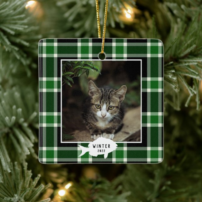 Festive Green Plaid Cat Name Christmas  Ceramic Ornament (Tree)