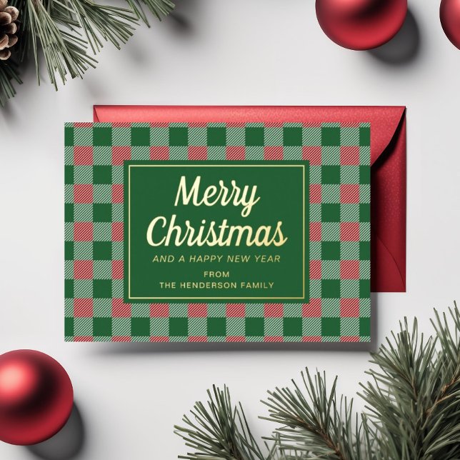 Festive Green Plaid Christmas Gold  Foil Holiday Card (Festive Green Plaid Christmas Gold Foil Holiday Card)