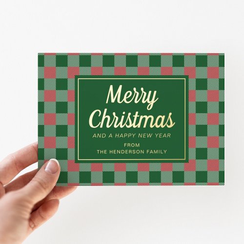 Festive Green Plaid Merry Christmas Script Gold  Foil Holiday Card
