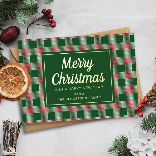 Festive Green Plaid Merry Christmas Script Gold  Foil Holiday Card