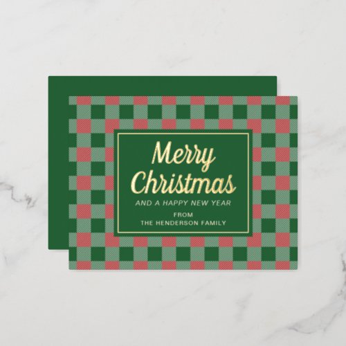 Festive Green Plaid Merry Christmas Script Gold Foil Holiday Postcard