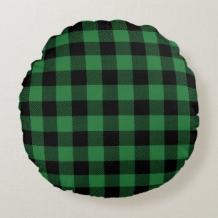 Festive Green Plaid Pattern Holiday Round Pillow