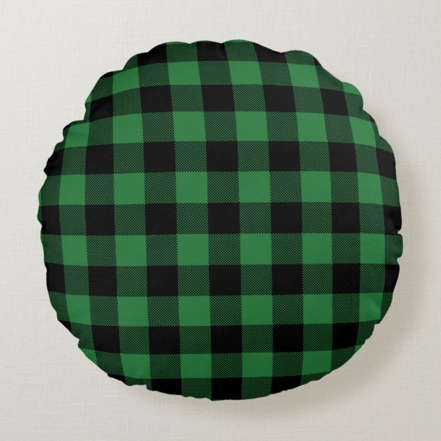 Festive Green Plaid Pattern Holiday Round Pillow (Front)