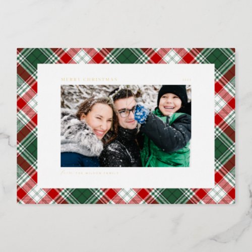 Festive Green Plaid Pattern Photo Merry Christmas Foil Holiday Card