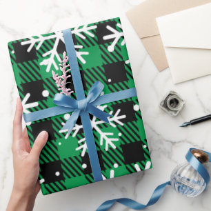 Festive Green Plaid Snowflake Buffalo Check Gift  Wrapping Paper