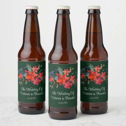 Festive Green Poinsettia Floral Holiday Wedding Beer Bottle Label
