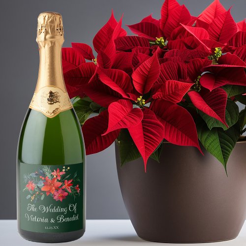 Festive Green Poinsettia Floral Holiday Wedding Sparkling Wine Label