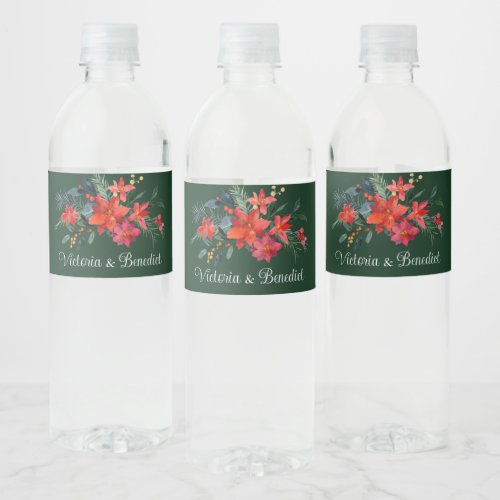 Festive Green Poinsettia Floral Holiday Wedding Water Bottle Label