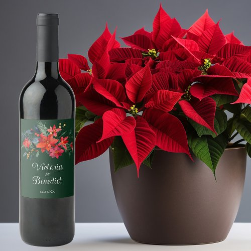 Festive Green Poinsettia Floral Holiday Wedding Wine Label