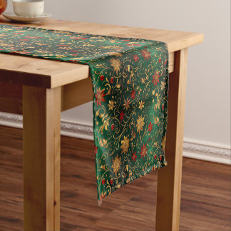 Festive Green Red and Gold Poinsettia Pattern Short Table Runner