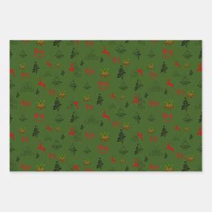 Festive Green Red and Gold Reindeer Wrapping Paper Sheets