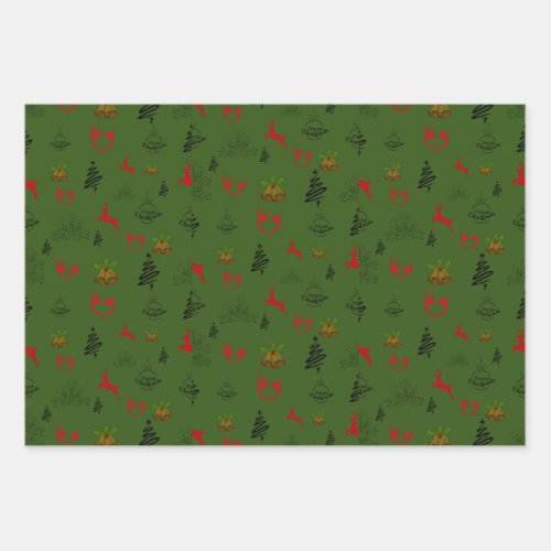Festive Green Red and Gold Reindeer Wrapping Paper Sheets