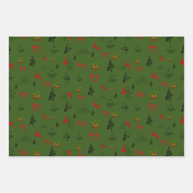 Festive Green Red and Gold Reindeer Wrapping Paper Sheets (Front)