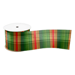 Festive Green, Red & Gold Plaid (Tartan) Satin Rib Satin Ribbon
