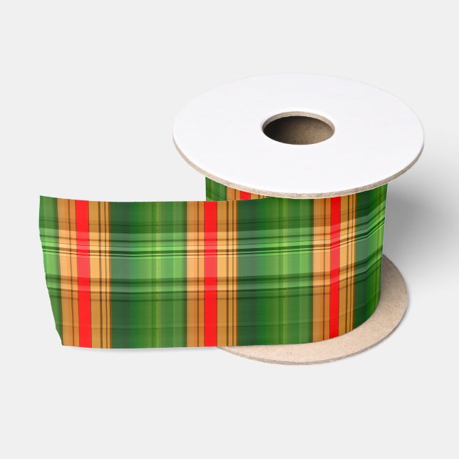 Festive Green, Red & Gold Plaid (Tartan) Satin Rib Satin Ribbon (Spool)
