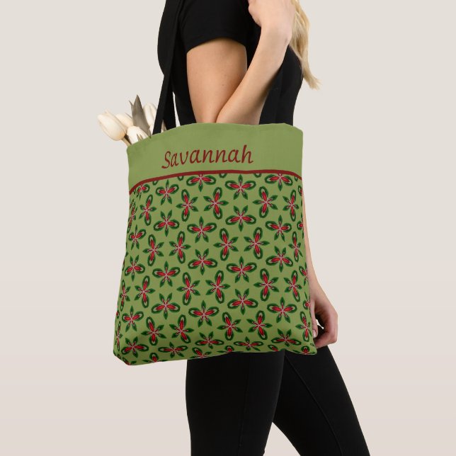 Festive Green & Red Holiday Tote Bag (Close Up)