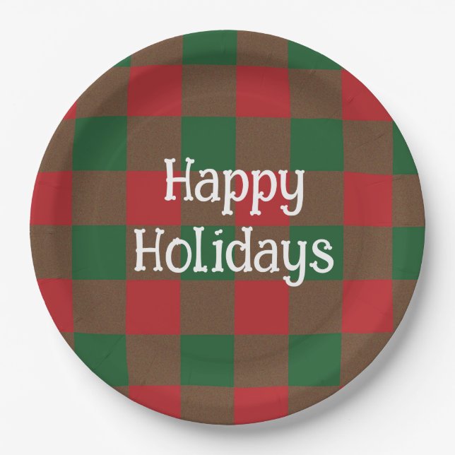 Festive Green & Red Plaid Paper Plates (Front)