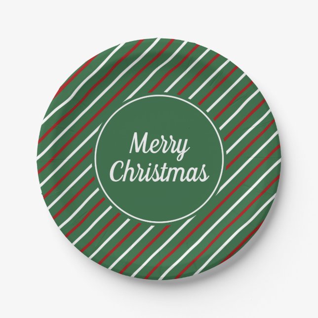 Festive Green Red Stripes Christmas  Paper Plates (Front)