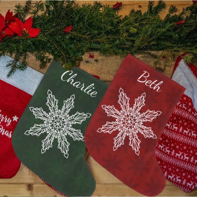 Festive Green Red & White Snowflake Personalized Large Christmas Stocking (Creator Uploaded)