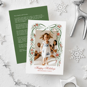 Festive Green Ribbon with Poinsettias and Greenery Holiday Card