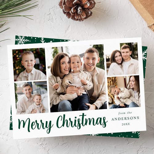 Festive Green Script 5 Photo Collage Holiday Card