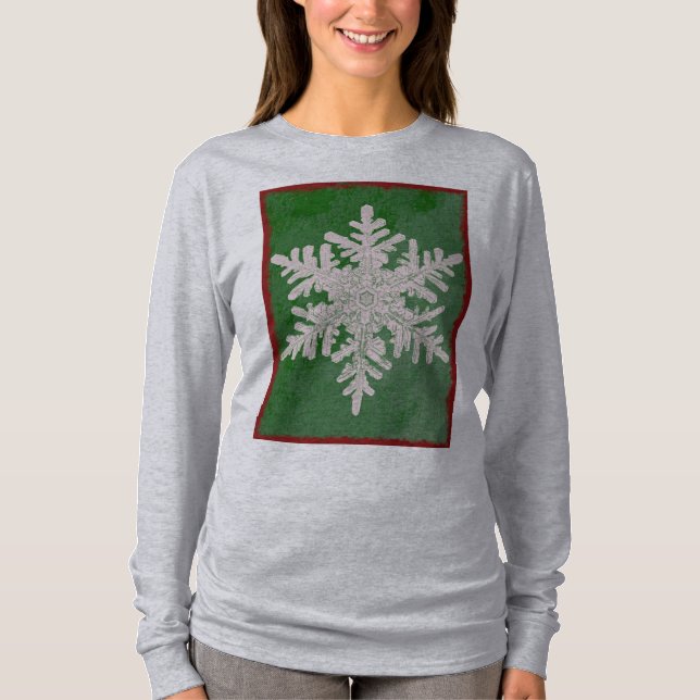 Festive Green Snowflake Winter Holiday Long Sleeve T-Shirt (Front)