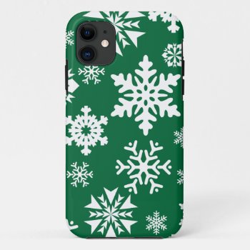 Festive Green Snowflakes Christmas Holiday Pattern Iphone 11 Case by UniqueChristmasGifts at Zazzle