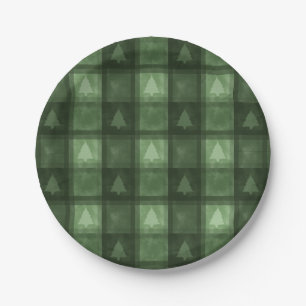 Festive Green Textured Plaid And Trees Christmas Paper Plates