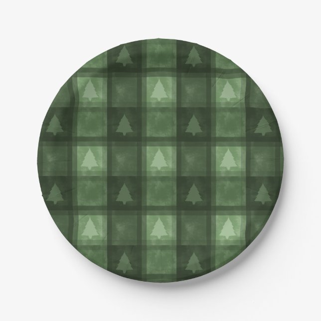 Festive Green Textured Plaid And Trees Christmas Paper Plates (Front)