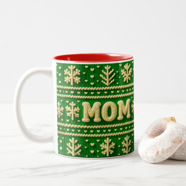 Festive Green Ugly Sweater Christmas for Mom Two-Tone Coffee Mug (With Donut)
