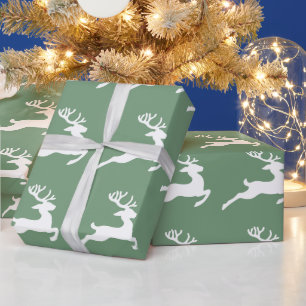 Festive Green White Deer Pattern Christmas Wrapping Paper