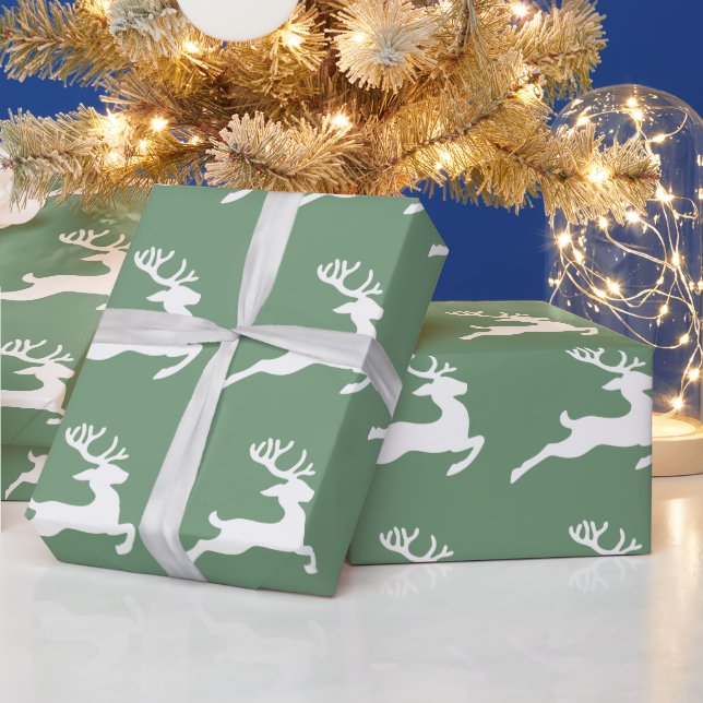 Festive Green White Deer Pattern Christmas Wrapping Paper (Holidays)