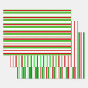Festive Green, White, Red Christmas-Style Lines Wrapping Paper Sheets