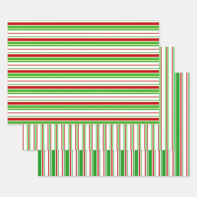 Festive Green, White, Red Christmas-Style Lines Wrapping Paper Sheets (Set)