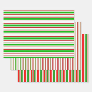 Festive Green, White, Red Christmas Themed Lines Wrapping Paper Sheets