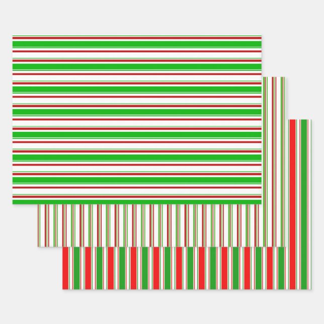 Festive Green, White, Red Christmas Themed Lines Wrapping Paper Sheets (Set)