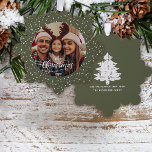 Festive Green White Snow Merry Christmas Photo Ornament Card<br><div class="desc">Your favorite family photo against a festive green with a flurry of white snow background pattern.  Merry Christmas in a modern calligraphy script just the touch for a unique gift and keepsake for all your best wishes during this holiday season.</div>