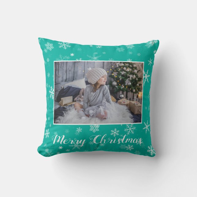 Festive Green White Snowflake Christmas 2 Photo Throw Pillow (Front)