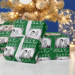 Festive Green White Typography Christmas Photo Wrapping Paper